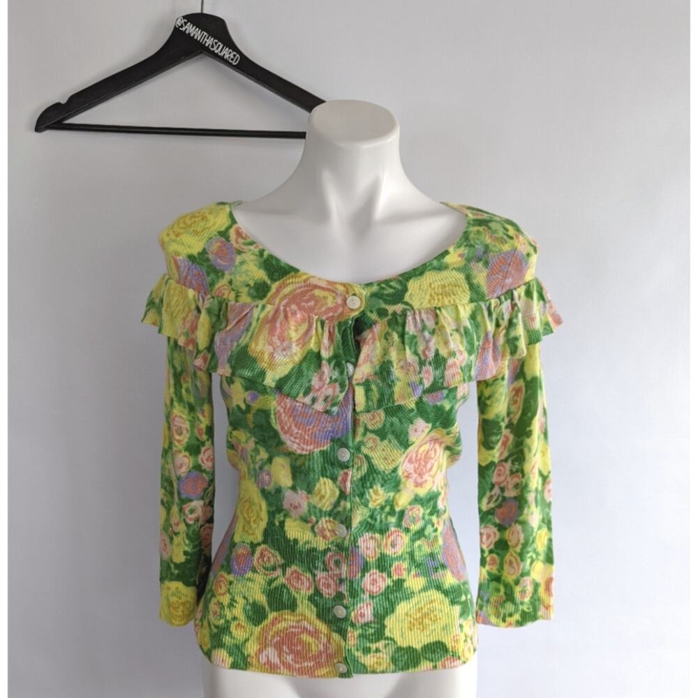 Anthropologie Yellow Bird Colored Pencil Floral Ruffle Cardigan Sweater Sz Small